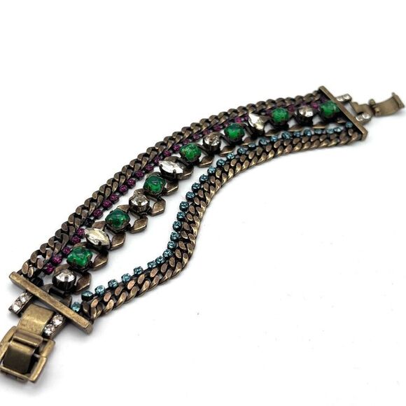Stella & Dot Women's Triple Chain Rhinestones Bracelet emerald stunning cocktail - Picture 1 of 9
